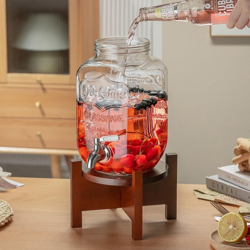 PTSTING Glass Drink Dispenser with Acacia Wood Stand and Lid,1 Gallon Beverage Dispenser with Stainless Steel Spigot for Parties,Picnics,Barbecues,Lemonade,Sun tea Jar,ice coffee,Laundry Detergent Dispenser - Image 2